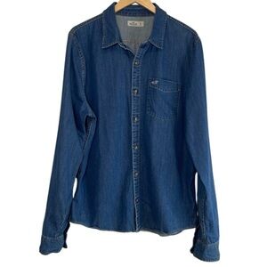 Hollister Men's 90s Vibe Denim Button Up Shirt Blue Medium Wash Long Sleeves XL